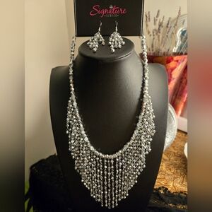 Silver Beaded Fringe Necklace and Earrings Set - Women Jewelry